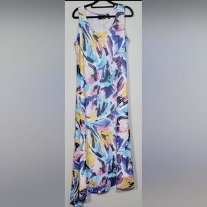 Attitudes by Renee Colorful Maxi Dress Size L Sheer Overlay Asymmetrical Fairy